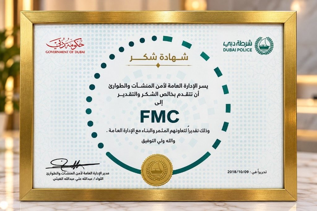 Dubai Police Certificate of Thanks — FMC Medical Center Dubai