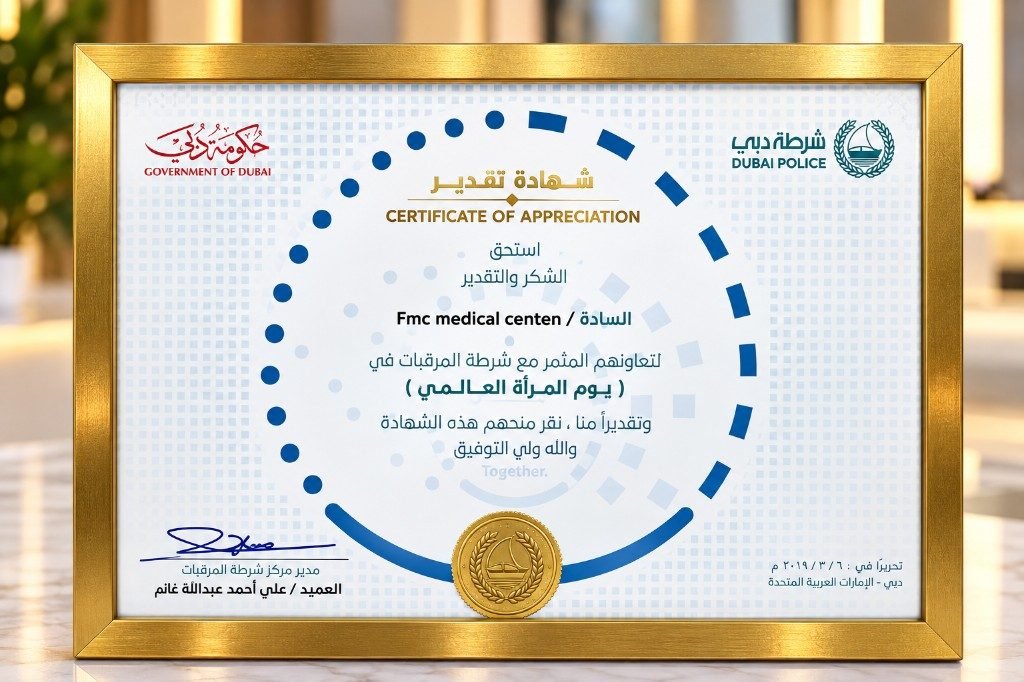 Dubai Police Certificate of Appreciation — FMC Medical Center Dubai