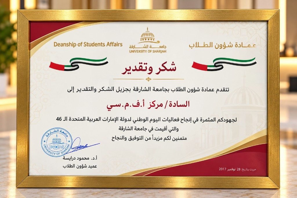 University of Sharjah Appreciation — FMC Medical Center Dubai